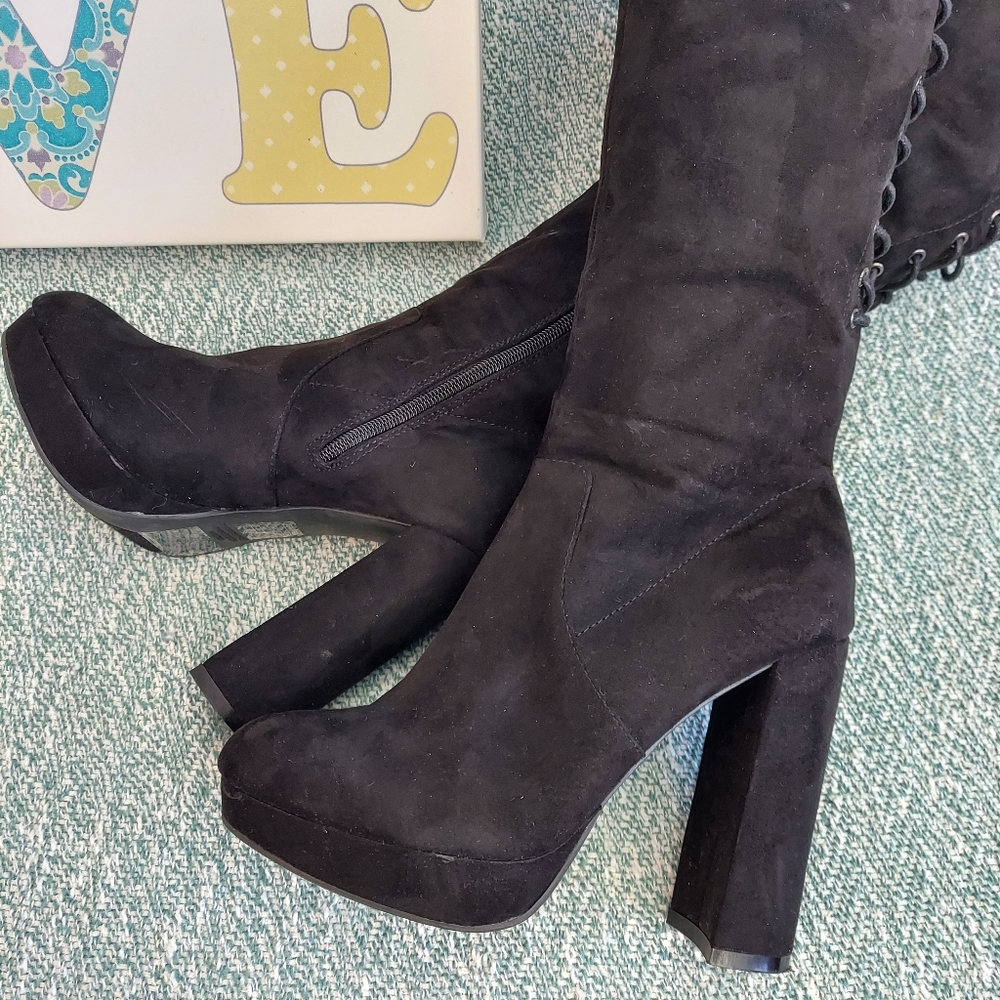 F21 OTK Boots, Womens 8, Rear Lace-up + High Heel + Platform - Picture 2 of 14